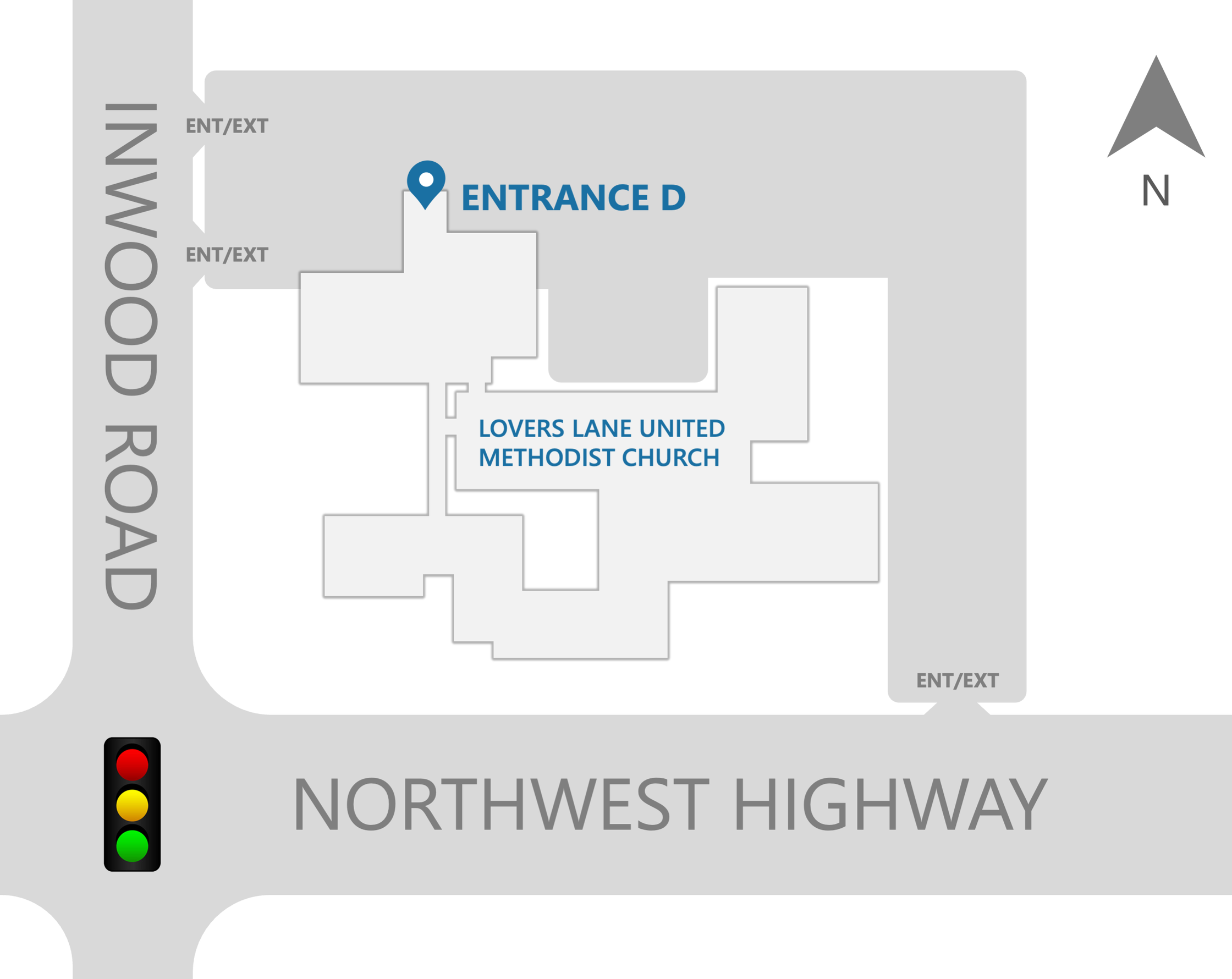 Illustrated map of the Lovers Lane United Methodist Church campus, showing Inwood Road, Northwest Highway, the signalized intersection, and Entrance D at the Wesley Prep porte cochere.